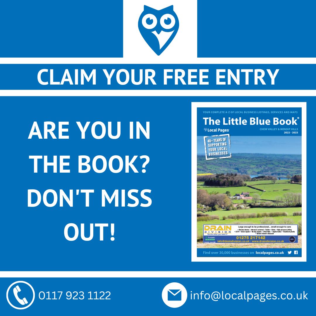 Local Pages (@tweetlocalpages) on Twitter photo Local businesses, have you claimed your free entry to the Local Pages Chew Valley & Mendip Hills book?
Reserve your space today!
You can contact us at 0117 923 1122
Alternatively, you can contact us at: info@localpages.co.uk
#specialoffer #freeentry #chewvalley #mendiphills Local businesses, have you claimed your free entry to the Local Pages Chew Valley & Mendip Hills book?
Reserve your space today!
You can contact us at 0117 923 1122
Alternatively, you can contact us at: info@localpages.co.uk
#specialoffer #freeentry #chewvalley #mendiphills