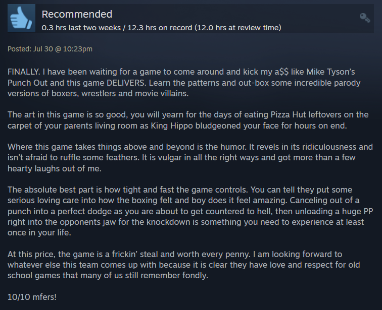 The reviews for #RetroKO have been exceedingly positive and we're very thankful for it.  As a 1st game for a small #IndieDev this means a lot!  Let's keep sharing and getting the word of mouth out about Retro KO!

#boxing #RETROGAMING #indiegame #PunchOut #80s