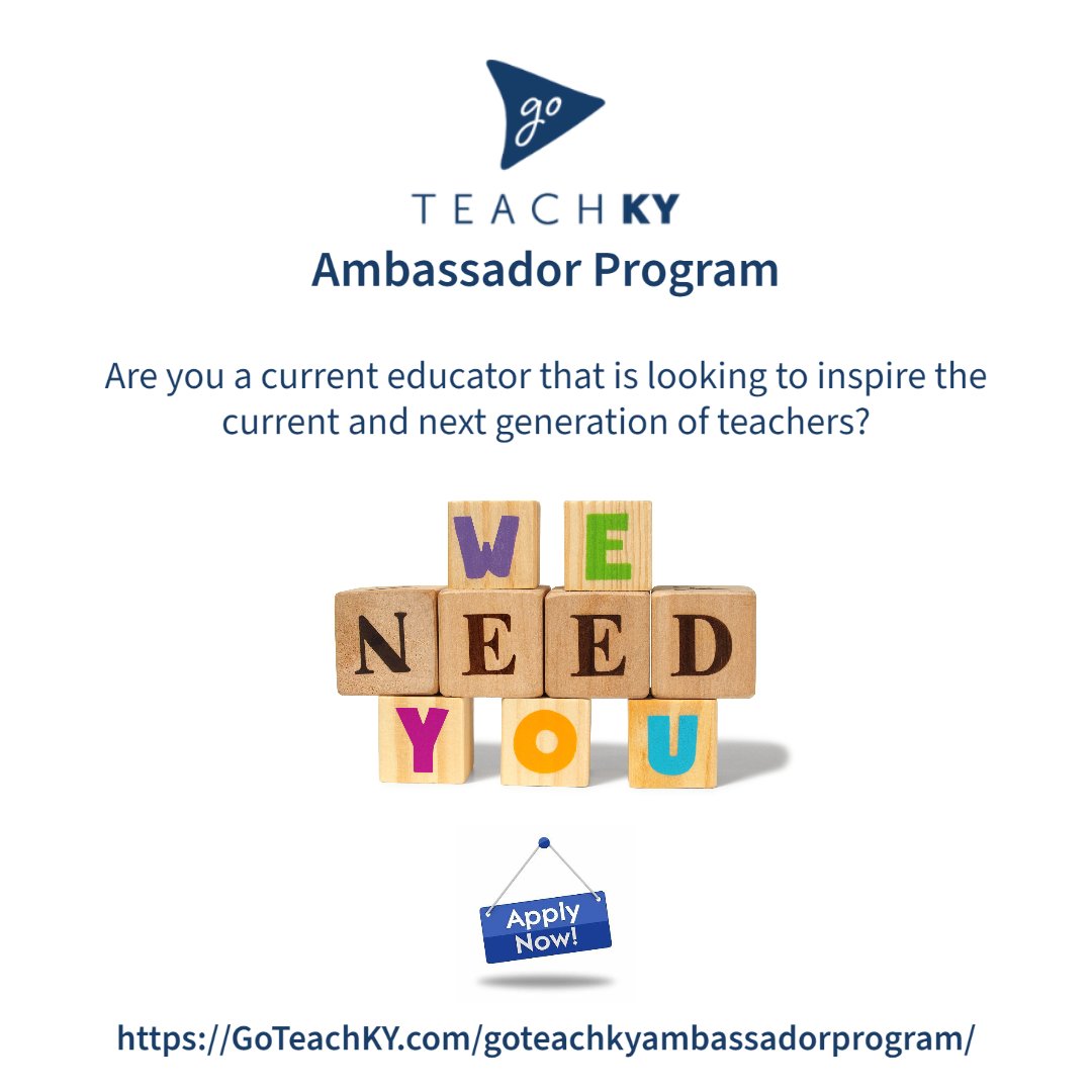 Are you a current educator that is looking to inspire the current and next generation of teachers and help to ensure that all of Kentucky's students have access to an effective educator? Be a GoTeachKY Ambassador!

#GoTeachKY
#GoTeachKYAmbassador