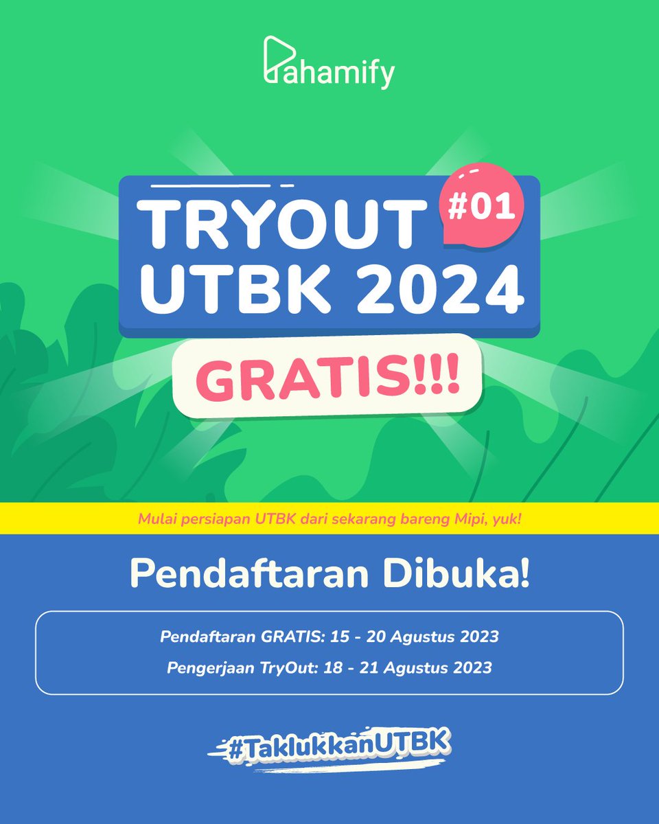 pahamify's tweet image. 🚨TO GRATIS PERDANA: Pendaftaran TO UTBK 2024 #01 GRATIS Dibuka🚨

📆Pendaftaran: 15—20 Agt '23
✏️Pengerjaan: 18—21 Agt '23

🥇TO PALING UPDATE mengikuti kisi-kisi  Kemdikbud 7 SUBTES.
⭐Ada tipe soal multiple answer &amp;amp; subquestion spt di UTBK 2023 aslinya!

Cara daftar di sini⬇️