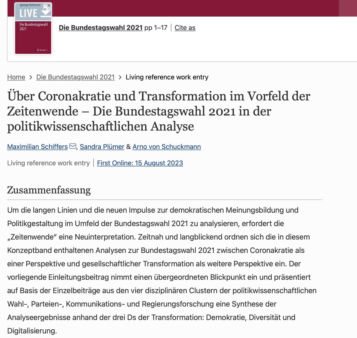 Mit unserem (@M_punkt_S und @sandra_pluemer)  Übersichtsbeitrag ist nun der letzte Beitrag unseres Bandes zur #btw2021 veröffentlicht worden. Zum Beitrag 'Über #Coronakratie und #Transformation im Vorfeld der #Zeitenwende' geht es hier:

link.springer.com/referenceworke…