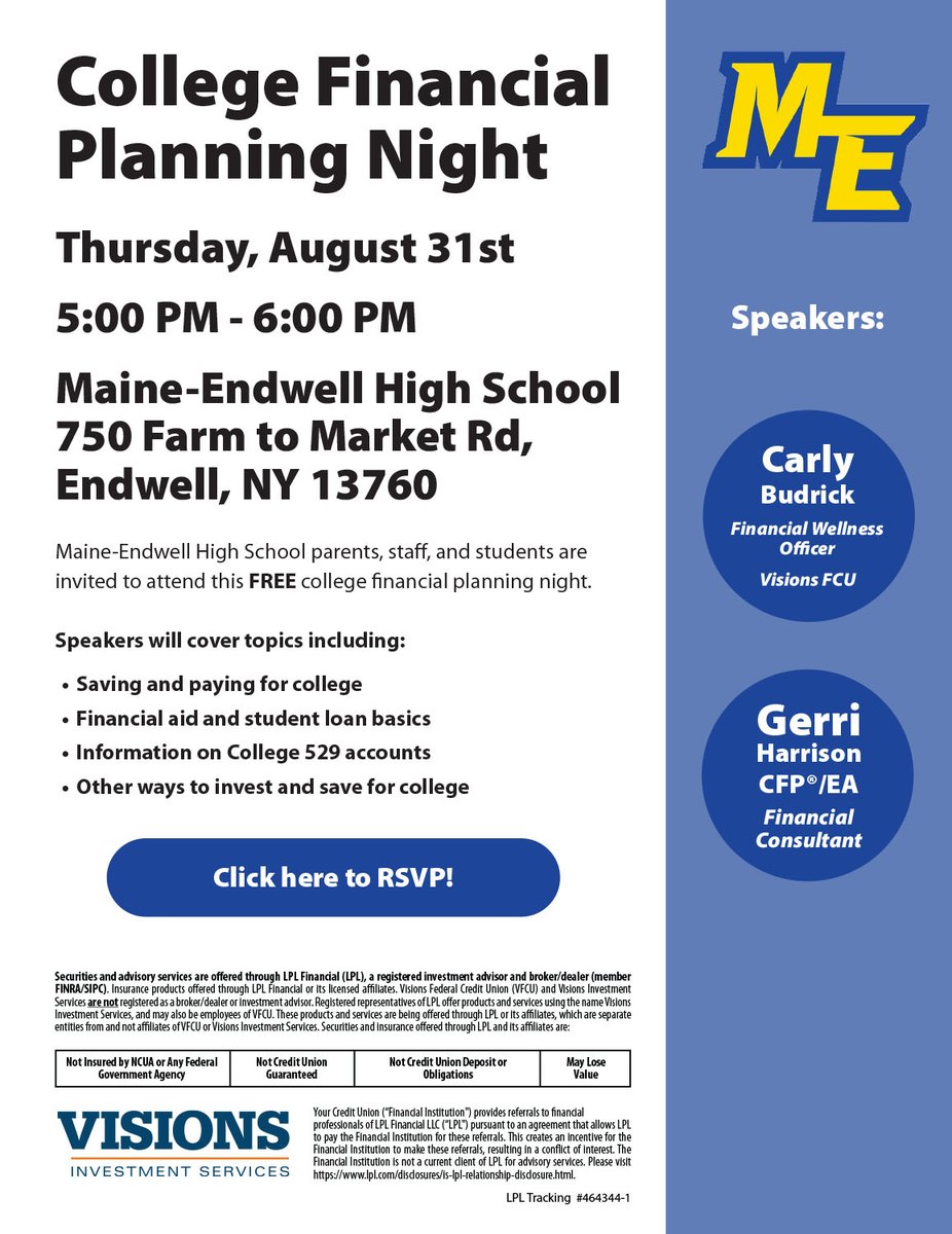 You're invited to attend a FREE college financial planning night at MEHS! August 31, 5-6pm. See flyer for details.