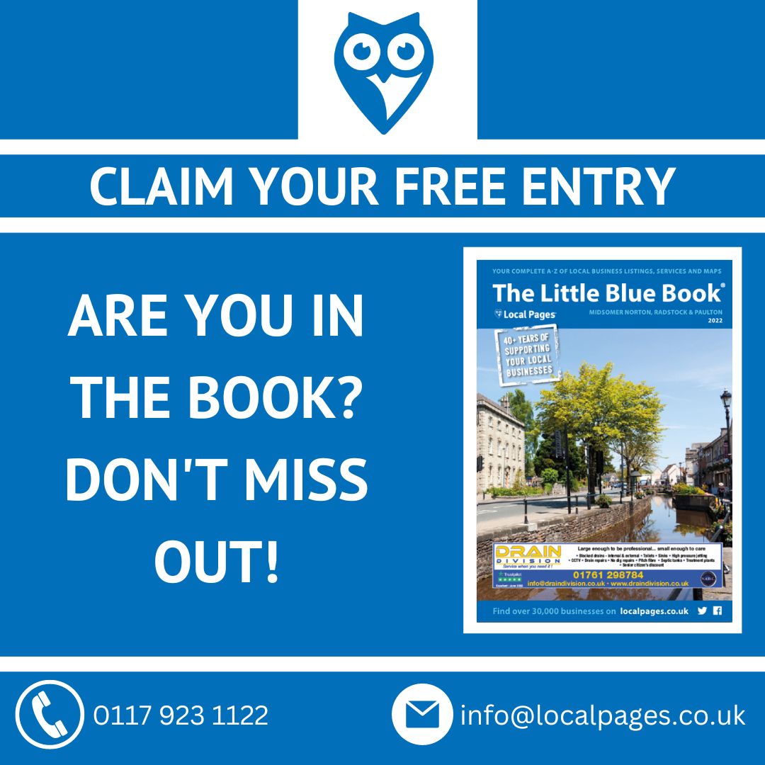 Local Pages (@tweetlocalpages) on Twitter photo Local businesses, this is your last chance to claim your free entry to the Local Pages Midsomer Norton, Radstock & Paulton book.
You can contact us at 0117 923 1122
Alternatively, you can contact us at: info@localpages.co.uk
#midsomernorton #norton #radstock #paulton Local businesses, this is your last chance to claim your free entry to the Local Pages Midsomer Norton, Radstock & Paulton book.
You can contact us at 0117 923 1122
Alternatively, you can contact us at: info@localpages.co.uk
#midsomernorton #norton #radstock #paulton