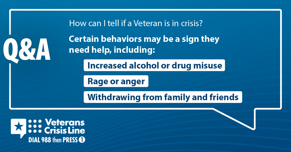 Every #Veteran has unique experiences and handles stress differently. Learning the signs of crisis can be key to saving someone’s life. 

Learn to recognize the signs at VeteransCrisisLine.net/signs-of-crisis.