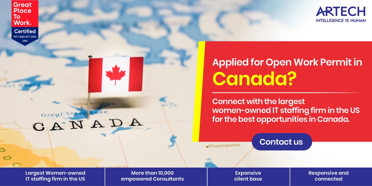 Artech_LLC's tweet image. Artech, the largest women-owned IT staffing firm in the US, is here to support you with excellent opportunities in Canada. If you&apos;ve applied for an #OpenWorkPermit (OWP), don&apos;t hesitate to get in touch with us, and we&apos;ll help you discover the perfect job roles.