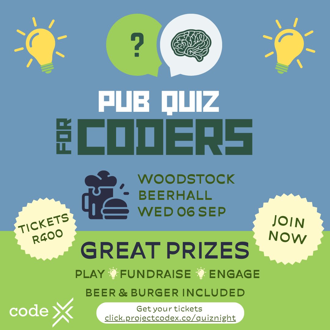 project_codeX's tweet image. Code enthusiasts unite! Join our Coding Quiz Night Fundraiser. 🚀🔍
WED 6 SEP, Woodstock Beerhall, Beer &amp;amp; Burger Included! TICKETS &amp;gt;&amp;gt; qkt.io/codexquiz
What is it? 🧠🧩A Pub Quiz about Coding
🍺🍔  A Fun Evening  🌍🌟 A Fundraiser with a difference