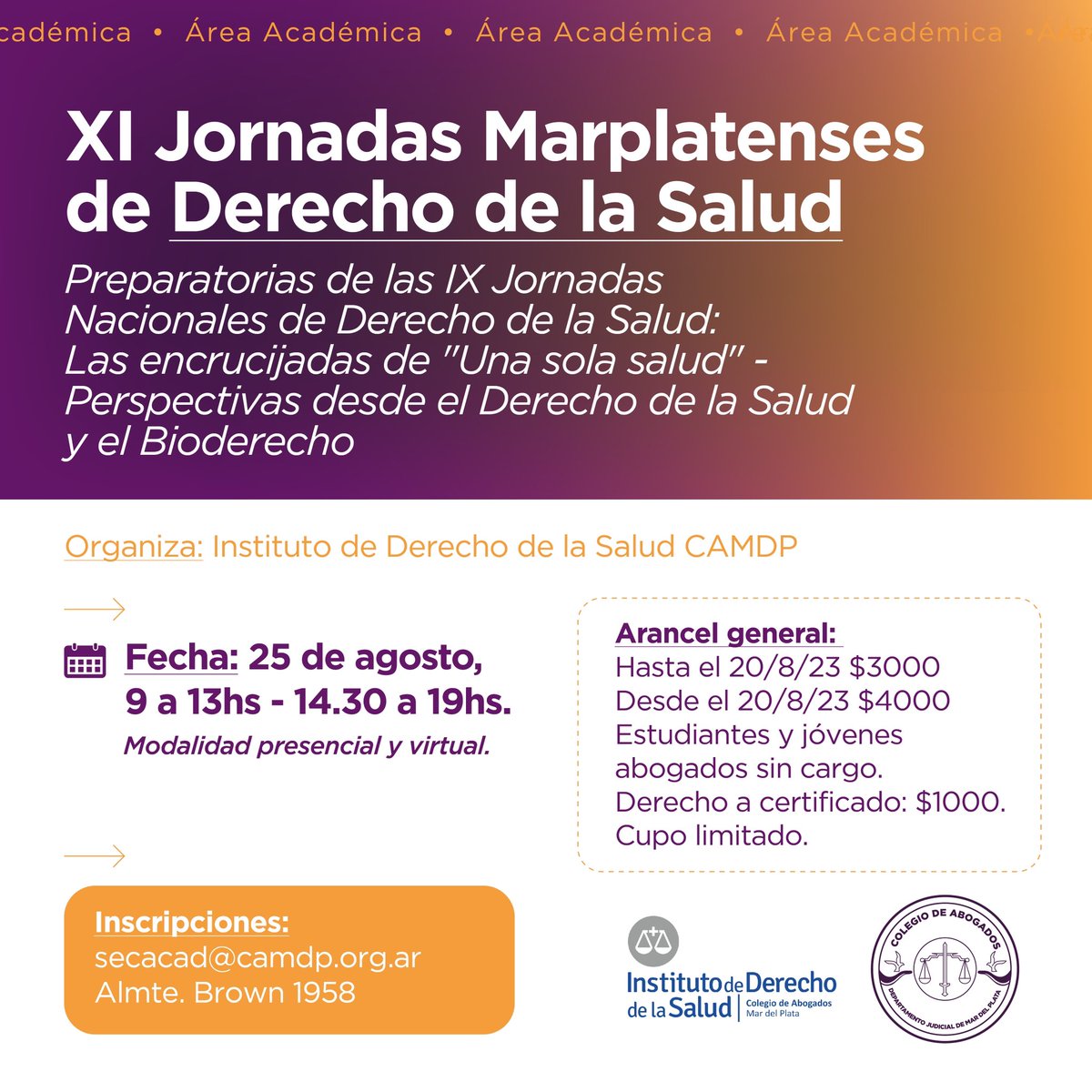 La XI edición de un clásico del Derecho de la Salud en Mar del Plata 🙌

Dado que los cupos son limitados los invitamos a pre inscribirse en este enlace👇

forms.gle/qev9pmf1vM6CDv…