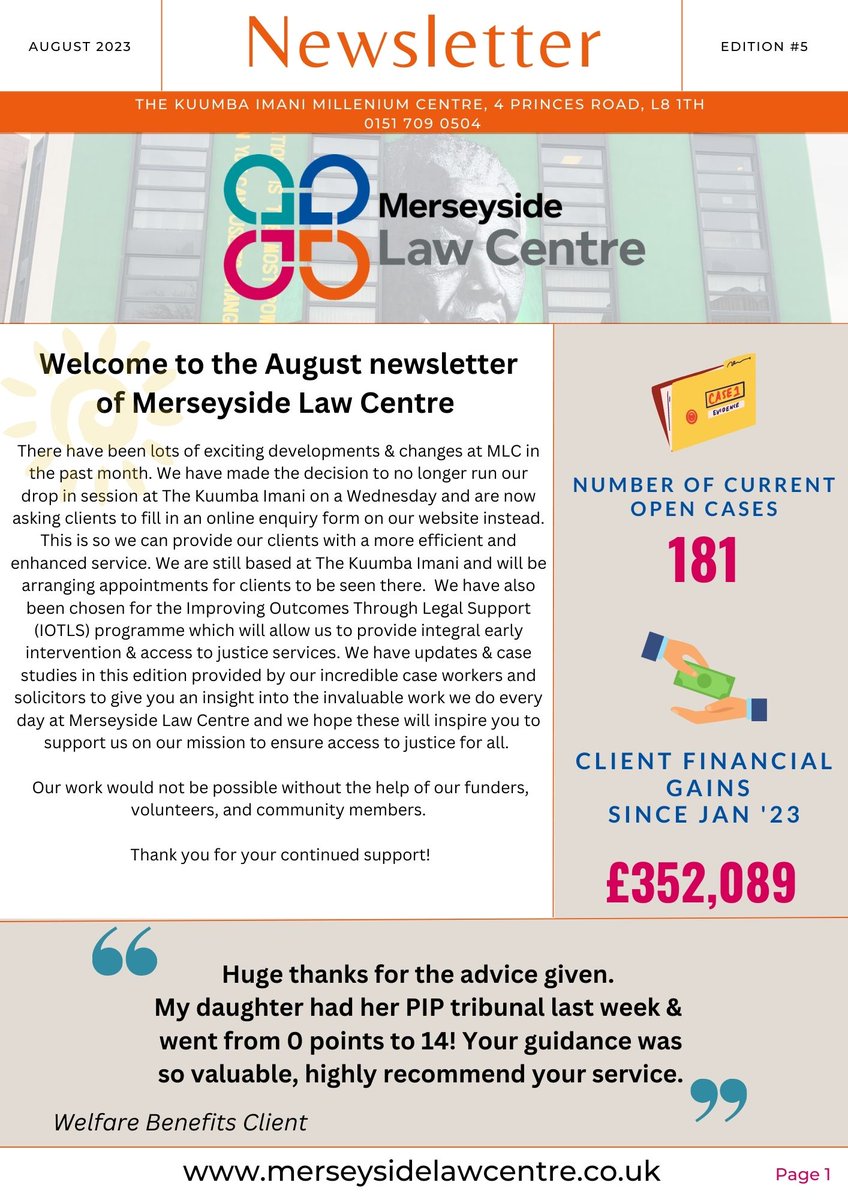 MerseyLawCentre's tweet image. 📢Our August Newsletter is here! 📰

Read on for some exciting news on new projects we are working on, case studies, updates on our Immigration services and much more! 

#SocialJusticeForAll #socialjusticenow #liverpoollegal ⚖️👩‍⚖️