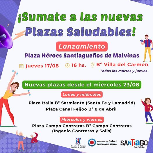 MSaludSantiago's tweet photo. 📢Las NUEVAS PLAZAS SALUDABLES ya están AQUÍ!!
🎉Te invitamos al lanzamiento en la Plaza Héroes Santiagueños de Malvinas del Barrio Villa del Carmen, el día jueves 17/08 a las 16:00 hs.
#PlazaSaludable #Salud #ActividadFisica #ControldeSalud https://t.co/WjzhPDFjfk