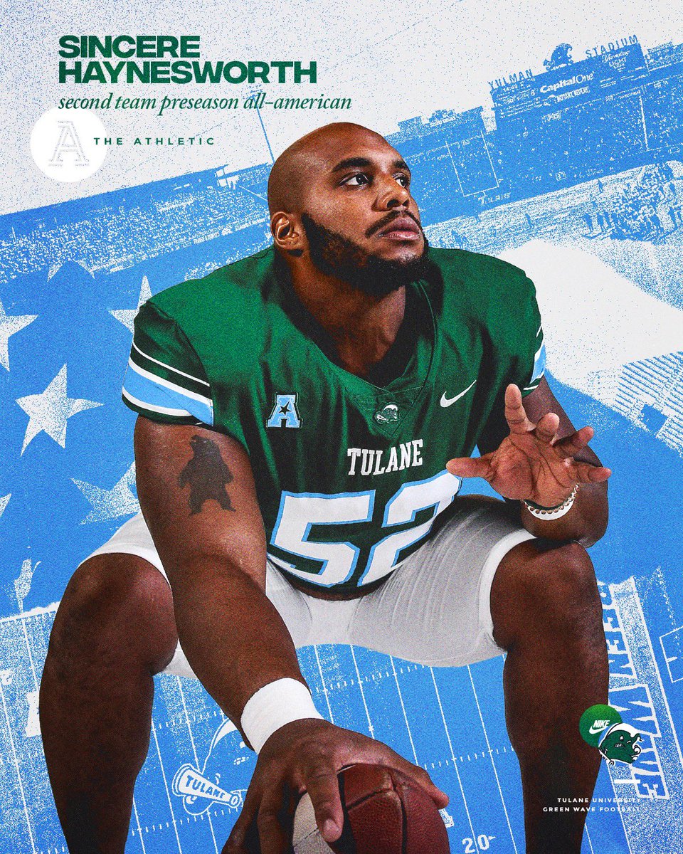 GreenWaveFB's tweet photo. Preseason All-American has a pretty nice ring to it @SincereAmaru! 

#NOLABuilt | @TheAthletic https://t.co/vUXhpRybyv