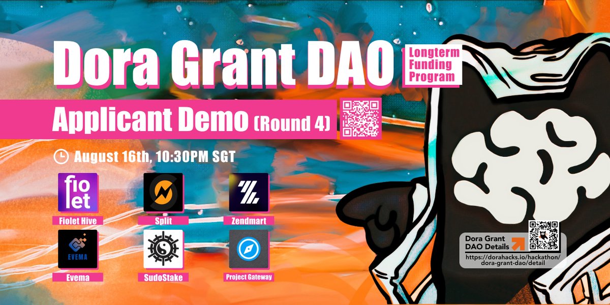 DoraHacks's tweet photo. Dora Grant DAO Round 4 Applicants Demo Ep02 coming soon! 🔥 Welcome the presenters: @Fioletxyz, @SplitProtocol, @tryzendmart, @TechyDom, @sudostake, @D3LAB_DAO. 🙌

⏰ August 16th 10:30PM SGT
📺 Binance: https://t.co/vPZJbHvQBm
📺 Youtube: https://t.co/7eFdCeri0Q https://t.co/KiJvAkwX7h