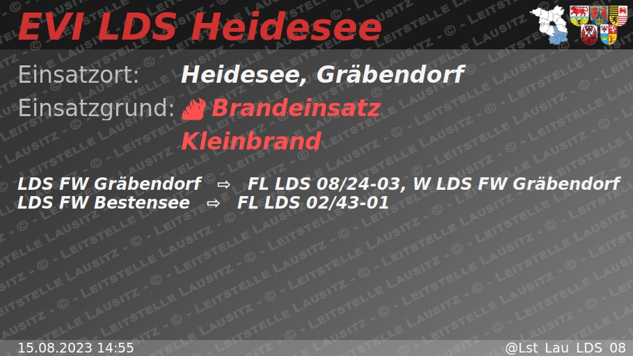 🚨 15.08.2023 14:55 🔥 B:Klein 🌐 Heidesee, Gräbendorf 🚒 ⇨ FW Gräbendorf, FW Bestensee
