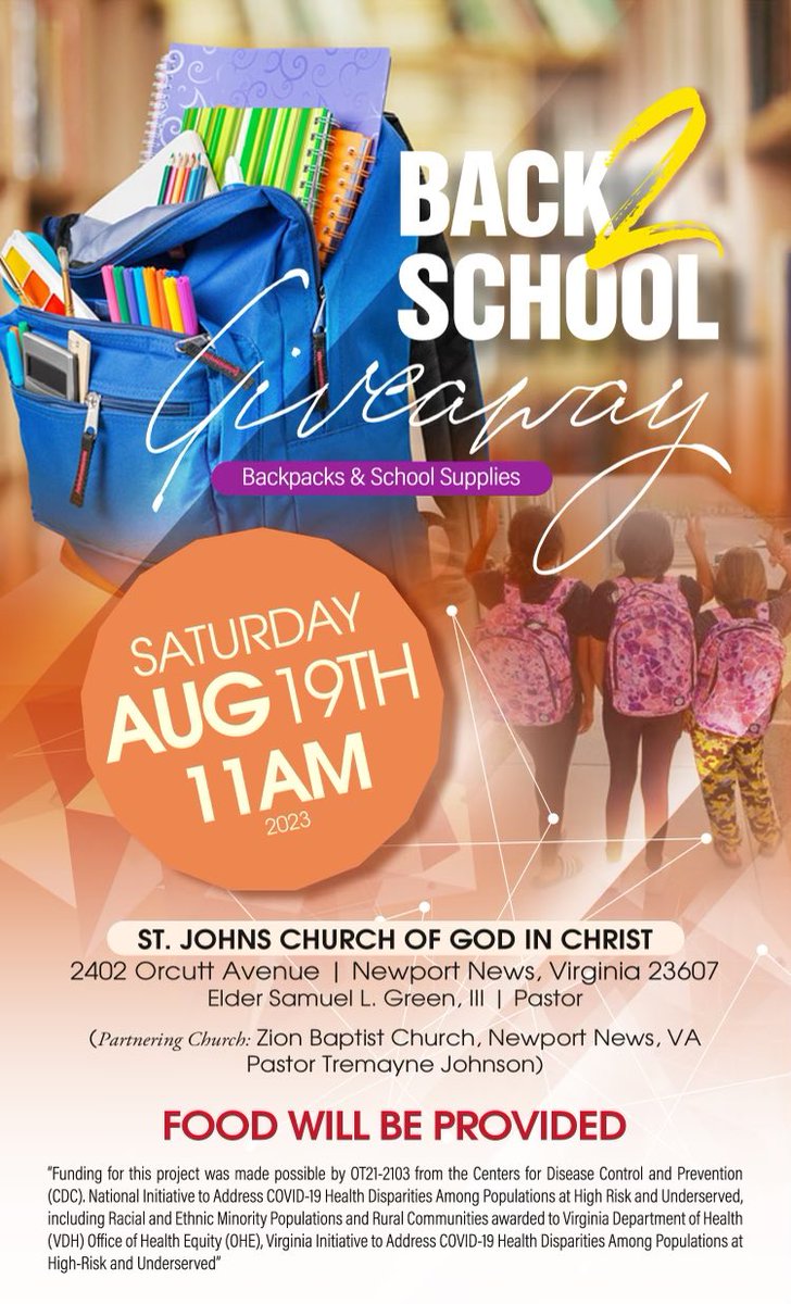 Its That Time Again! The School Year is about to Begin. And to help all of our Young People have a Prepared Start, We are Partnering with the St. John Church of God in Christ to host a Back To School Giveaway. It takes place, THIS Saturday at 2402 Orcutt Ave, Newport News, VA.