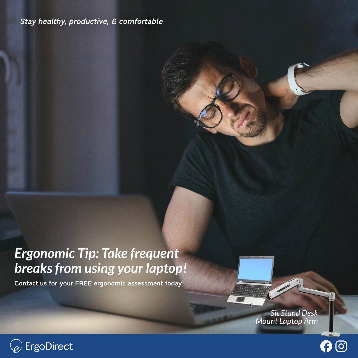 ErgoDirect's tweet photo. Sitting or standing in the same position for long periods of time can be unhealthy. Take at least one break an hour when working on your laptop. To learn more, get your FREE ergonomic assessment today! https://t.co/kftcvXyexK
 
#ergonomics #ergodirect #workfromhome #laptopneck https://t.co/bfJEV4kIoN