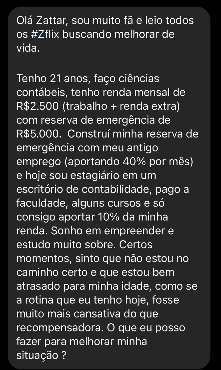 👨‍🎓📊 Estudante e estagiário de ciências contábeis no #Zflix

🎂 21 anos.

💰 Salário: 2.5k
💼 Reserva: 5k

⏳ Acha que está atrasado pra idade. Está?

🤔 Qual o conselho de vocês?
