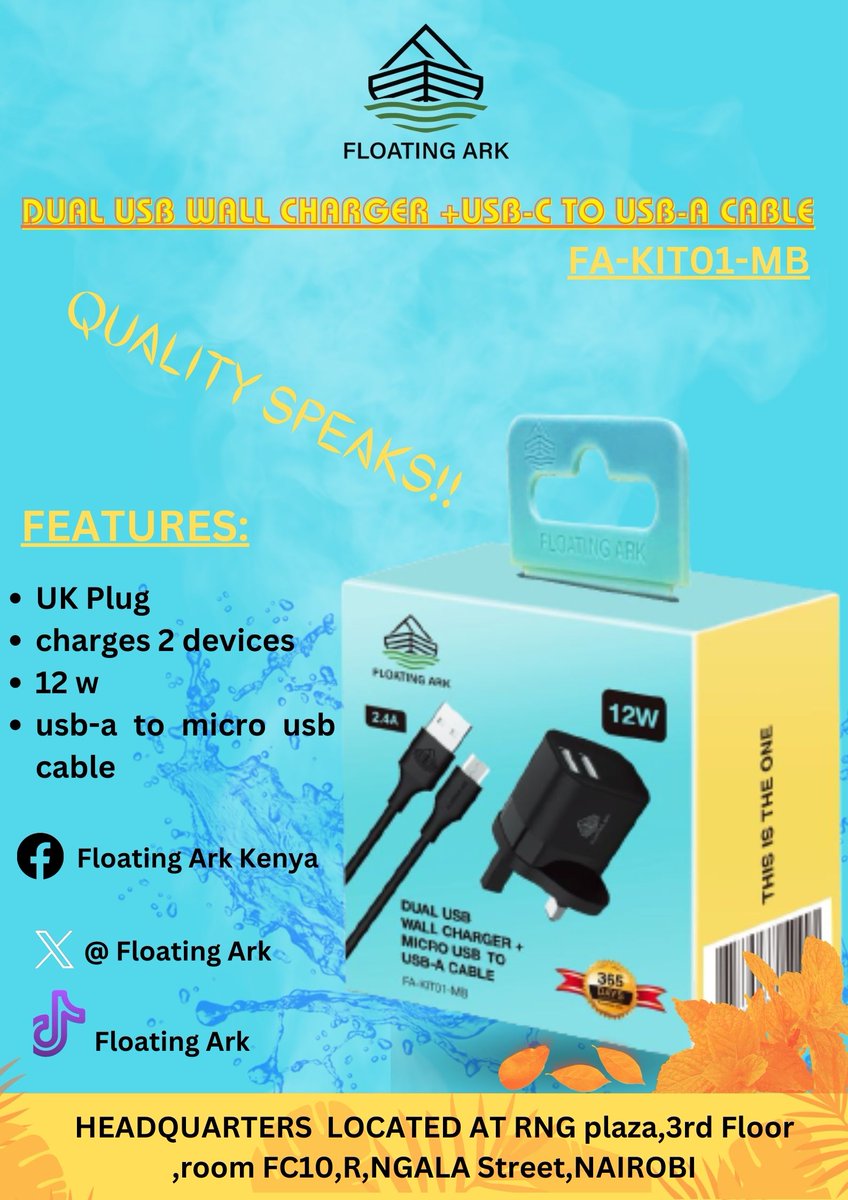 floating_ark's tweet photo. 🚨🚨Have you heard???Its called DUAL USB WALL CHARGER + USB-C  TO USB-A CABLE. ONLY ON FLOATING ARK🚨🚨
CHECK OUT MORE OF OUR PRODUCT ON OUR SOCIAL MEDIA PAGES @FloatingArkKenya
#QualitySpeaks #floatingark https://t.co/TD8Ie6CBJj