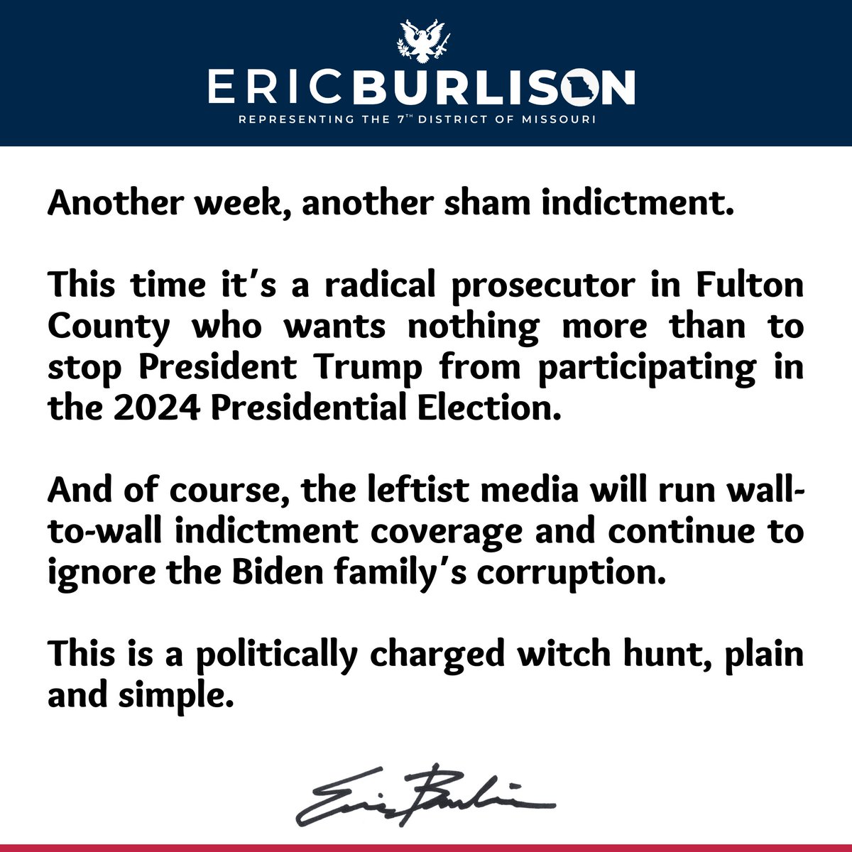 RepEricBurlison's tweet photo. My statement on the latest Trump indictment 🔽 https://t.co/ziLnDSMViL