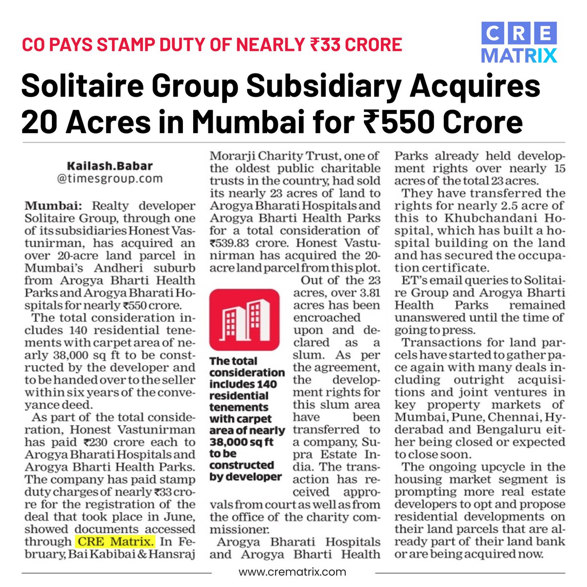 According to documents accessed by CRE Matrix, realty developer Solitaire Group acquires a 20-acre land parcel in Mumbai’s Andheri for a whopping 550 Crore INR.

#CREMatrix #SolitaireGroup #LandParcel #Plot #CommercialRealEstate #RealEstate #RealEstateIndia #Data #Proptech
