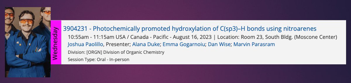 The Parasram Lab (@parasramlab) on Twitter photo Are you at the Fall ACS conference? Check out our very own <a href="/JoshPaolillo/">Josh Paolillo</a> who will be presenting on nitroarene photochemistry for C(sp3)-H hydroxylation tomorrow! #ACSFall2023 #photochemistry #methodology #chemistry Are you at the Fall ACS conference? Check out our very own <a href="/JoshPaolillo/">Josh Paolillo</a> who will be presenting on nitroarene photochemistry for C(sp3)-H hydroxylation tomorrow! #ACSFall2023 #photochemistry #methodology #chemistry