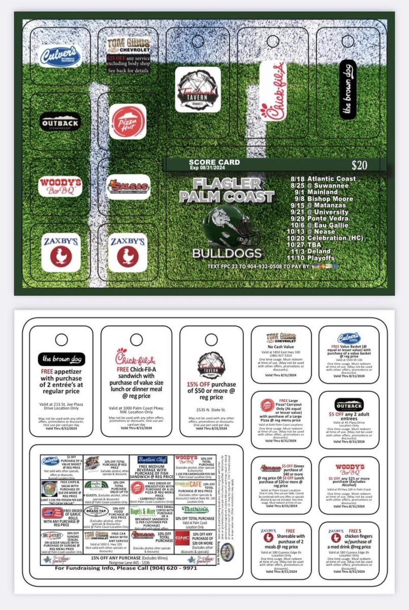 Attention all players that still need to sell discount cards… sign up with Coach Fish… tonight at WaWa from 4-6 PM, and Town Center Food Truck festival 4-8PM there will be an opportunity to set up a table and sell all your cards. Wear FPC football gear abs bring your 😁!