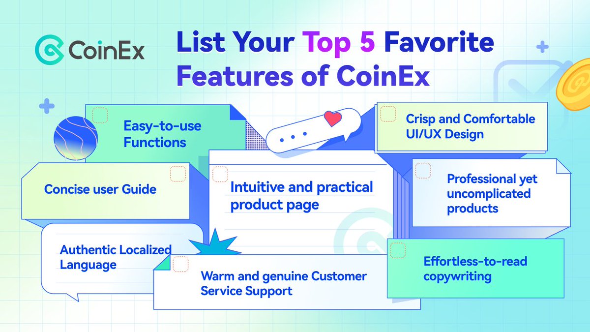 coinexcom's tweet photo. We're overwhelmed with gratitude from all the feedback our community shared in our recent survey 🙏 . Let us know your 5 favorite features of #CoinEx &amp; 5 lucky members share 5,000 $CET*! 🎉

1️⃣ List your top 5 favorite features below
2️⃣ Follow us, retweet(X's), &amp; tag 3 pals 🤝 https://t.co/j9xY7D8qC3