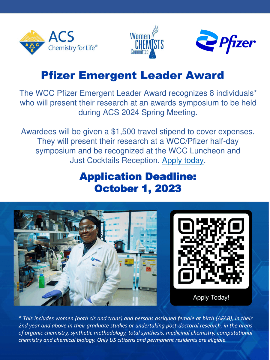 WCC and Pfizer have collaborated to bring you a new award opportunity for Spring ACS 2024. The Pfizer Emergent Leader Award will recognize 8 individuals. The application is open now! #ACSWCC #WomenInchem