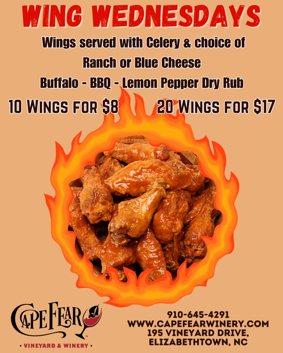 CapeFearWine's tweet photo. 🍗Wing Wednesdays are here! Get 10 wings for $8 or 20 wings for $17, served with celery and your choice of ranch or blue cheese. See you at The Cork Room Restaurant for a wingtastic time!🔥😎

#CapeFearVineyardandWinery #TheCorkRoom #WingWednesdays #WingMania
#Foodstagram #Tasty https://t.co/tmBVbTws6A