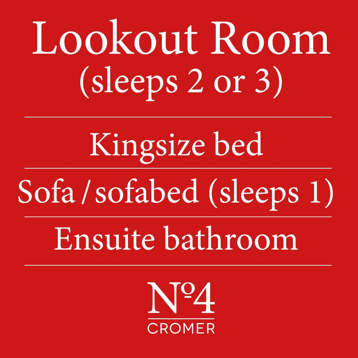 DUE TO CANCELLATION we have availability from TONIGHT until Friday 18th AUGUST in our lovely Lookout Room.  Price is from £110 per night, and you'll be here during the coveted Cromer Carnival Week!! 

Book now at no4cromer.com