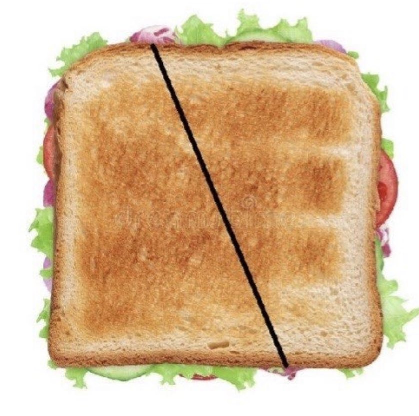 A sandwich sliced not diagonally and not centrally, but somewhere inbetween