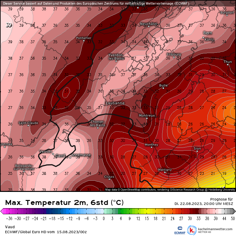 erichfischer's tweet photo. Still one week to go, and aerosols or thunderstorms could make a big difference but the heat in western Switzerland forecasted by these two weather models for early next week would be truly extreme. https://t.co/30KIh1Kb3l