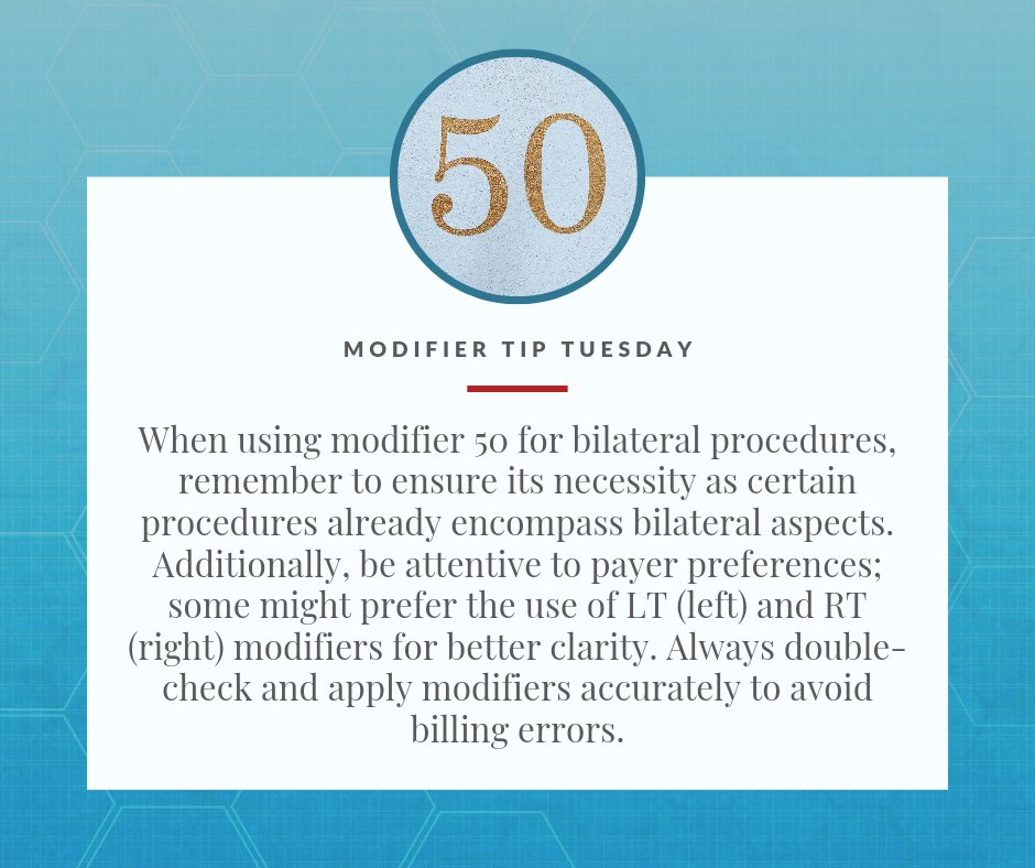 HlthInspired's tweet image. "Say hello to Modifier 50 - your 'Bilateral Buddy'! 🌟 When a procedure's done on both sides of the body. Streamline and maximize accuracy with this hero of bilateral procedures. 🦸♂️✨ #Modifier50 #BilateralCoding #CodingMagic"