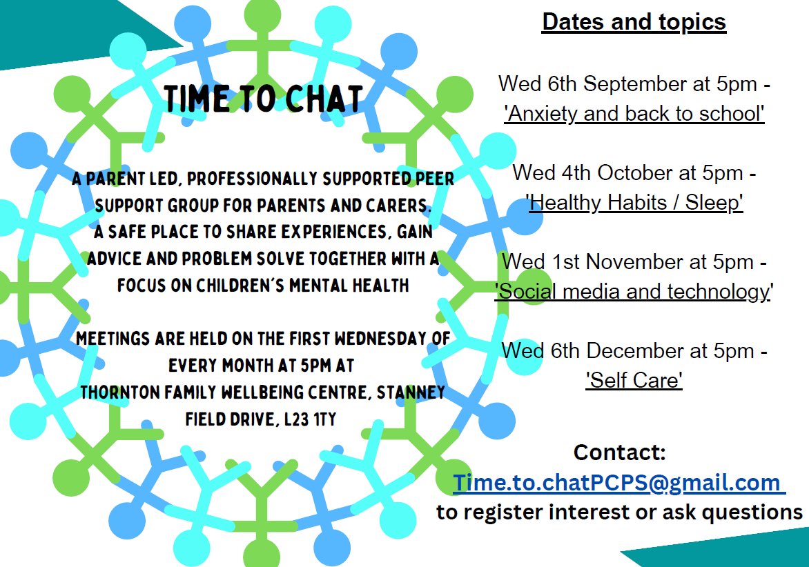Come along to our parent support group, on the first Wednesday of each month at the Thornton Centre. It is a safe place for parents and carers to share experiences, gain advice and problem solve with a focus on children's mental health 🧠