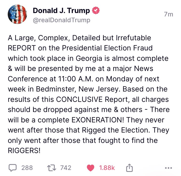 Donald Trump to hold news conference next Monday on fraud in the 2020 election in response to the Georgia Indictment