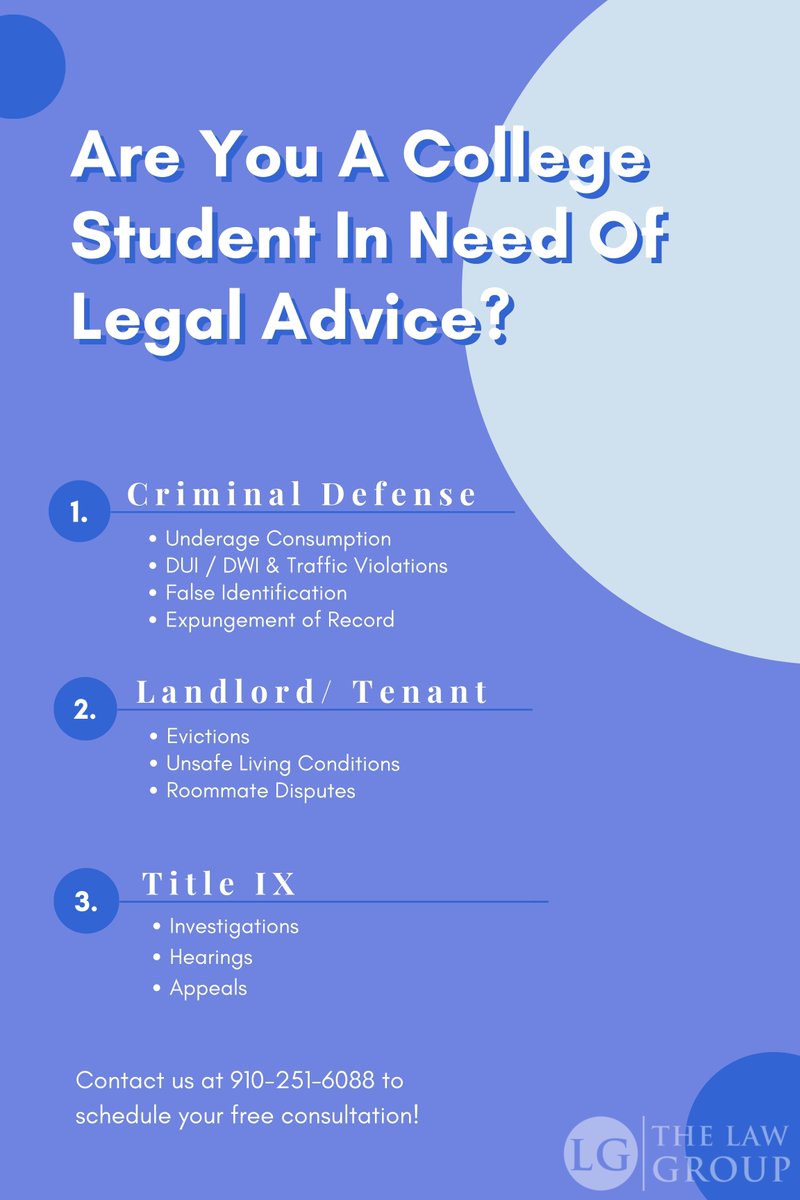 The Law Group offers free consultations for college students! If you find yourself in need of legal help, don't hesitate to schedule a free consultation with one of our attorneys today. #uncw #cfcc #freeconsult #collegestudent #backtoschool #dui #titleix #TheLawGroup #LGNC