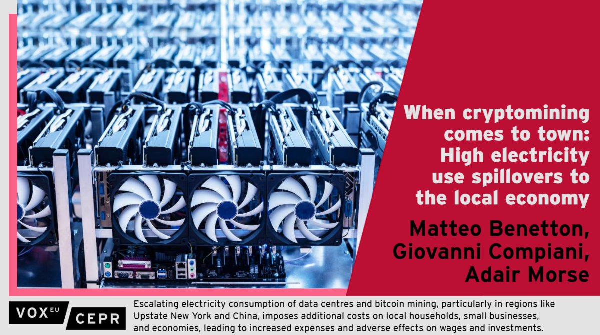 Escalating electricity consumption of #cryptomining imposes additional costs on local households & businesses, leading to increased expenses & adverse effects on wages & investments @m_benetton @BerkeleyHaas, @GioCompiani @ChicagoBooth, Morse @IBSI_at_Haas ow.ly/FwJQ50Pyuuq