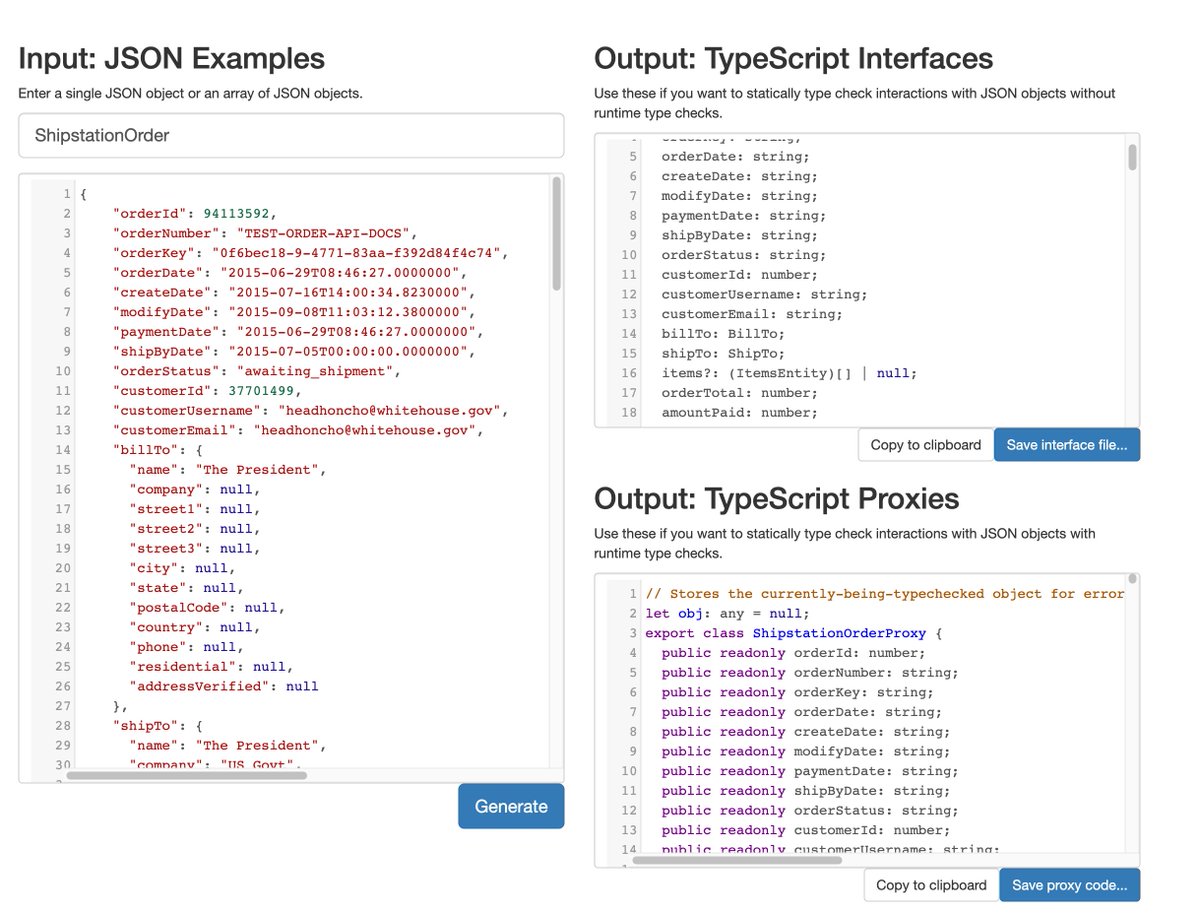 Daniel Mullaly (@danielmullaly) on Twitter photo Paste in a JSON object and get a near perfect TS interface. Thank you <a href="/johnwvilk/">John Vilk is also on Mastodon</a>
jvilk.com/MakeTypes/ Paste in a JSON object and get a near perfect TS interface. Thank you <a href="/johnwvilk/">John Vilk is also on Mastodon</a>
jvilk.com/MakeTypes/