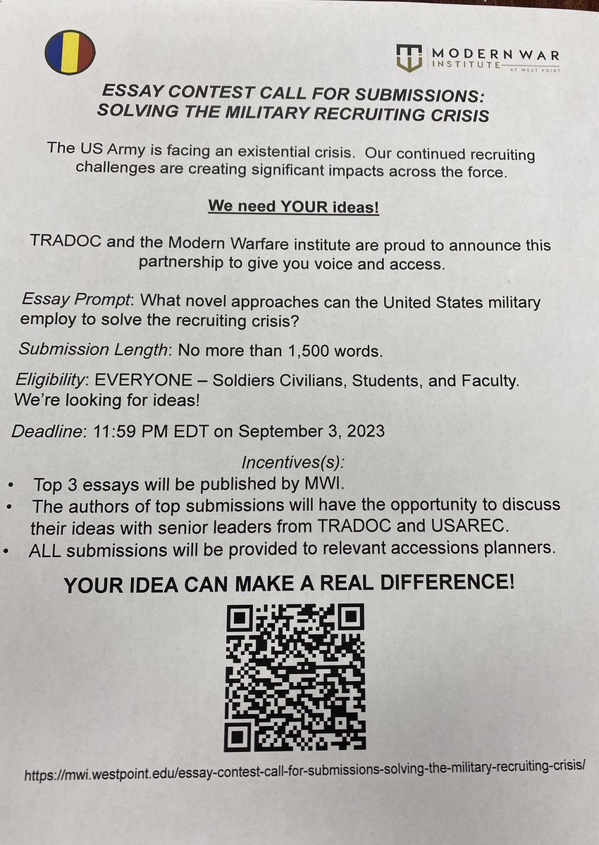🤔Don’t criticize…Write 👇🏾 Here is an opportunity to help ensure our All Volunteer Force remains strong. Many positive reasons why Service to our nation is not a desire but the opposite is also true. Spread the word to spark new ideas to recruit talent. #pentopaper 🖊️