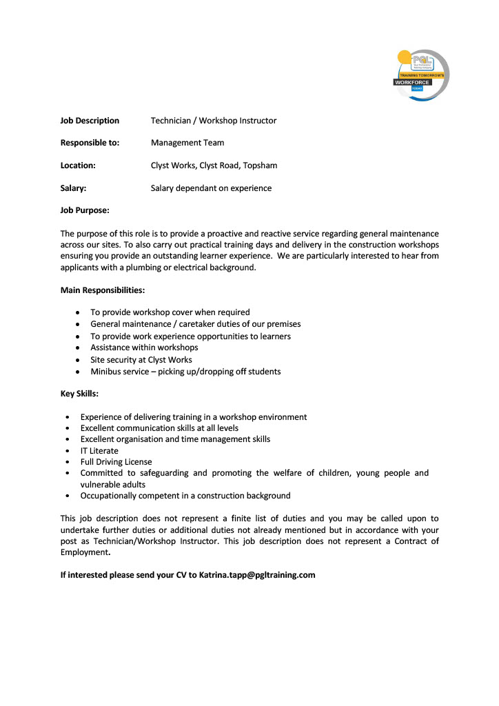 Technician / Workshop Instructor- PGL Training- Exeter
