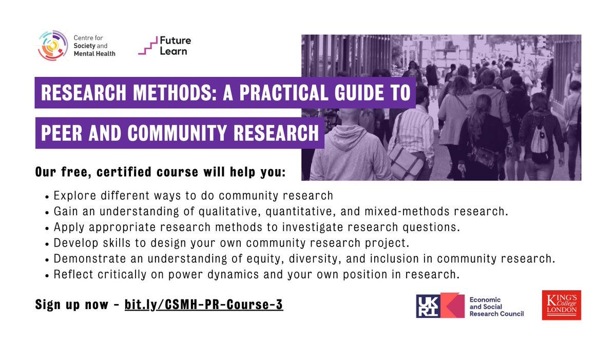 ESRC Centre for Society and Mental Health (@kcsamh) on Twitter photo Are you interested in exploring #methods for peer and community-based research? <a href="/kcsamh/">ESRC Centre for Society and Mental Health</a> has re-launched a free 10-week certified <a href="/FutureLearn/">FutureLearn</a> course, for anyone interested in research #coproduction.
Find out more here:
bit.ly/CSMH-PR-Course⦠Are you interested in exploring #methods for peer and community-based research? <a href="/kcsamh/">ESRC Centre for Society and Mental Health</a> has re-launched a free 10-week certified <a href="/FutureLearn/">FutureLearn</a> course, for anyone interested in research #coproduction.
Find out more here:
bit.ly/CSMH-PR-Courseā¦