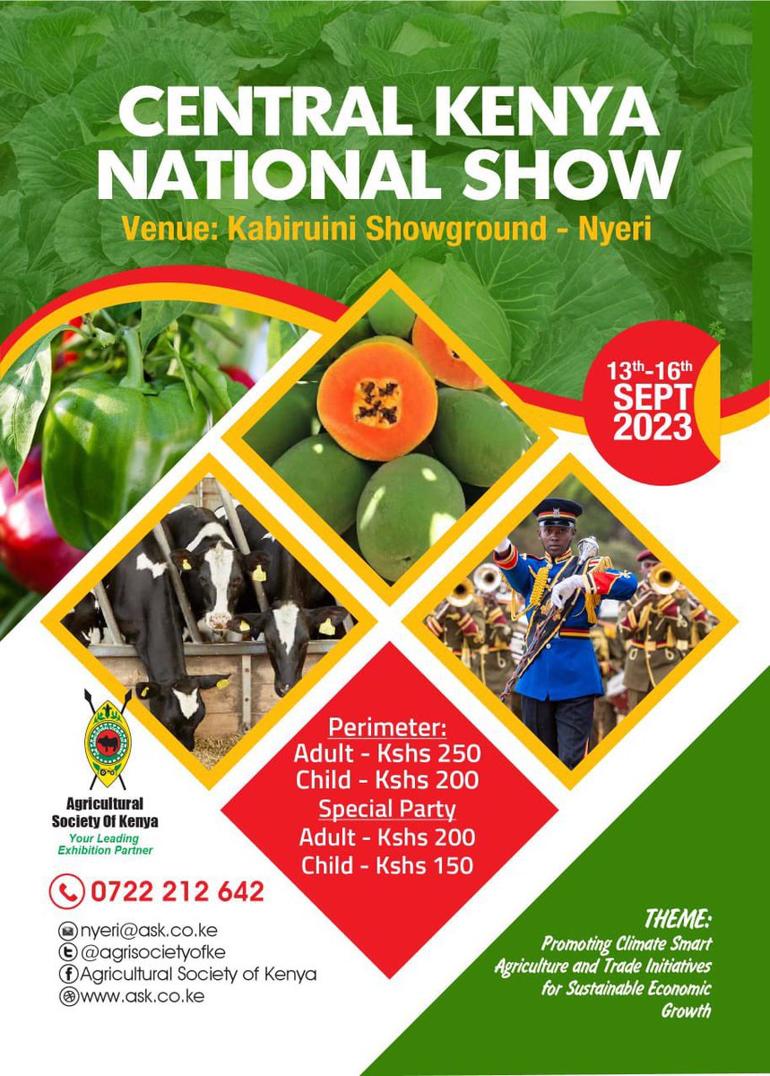Counting down to the Nyeri National Show from September 13th to 16th, come witness cutting-edge agri-tech, livestock breeds, and more. Let’s showcase the heart of Kenya’s agriculture. #twendenyerishow #tukutanenyerishow #nyericounty