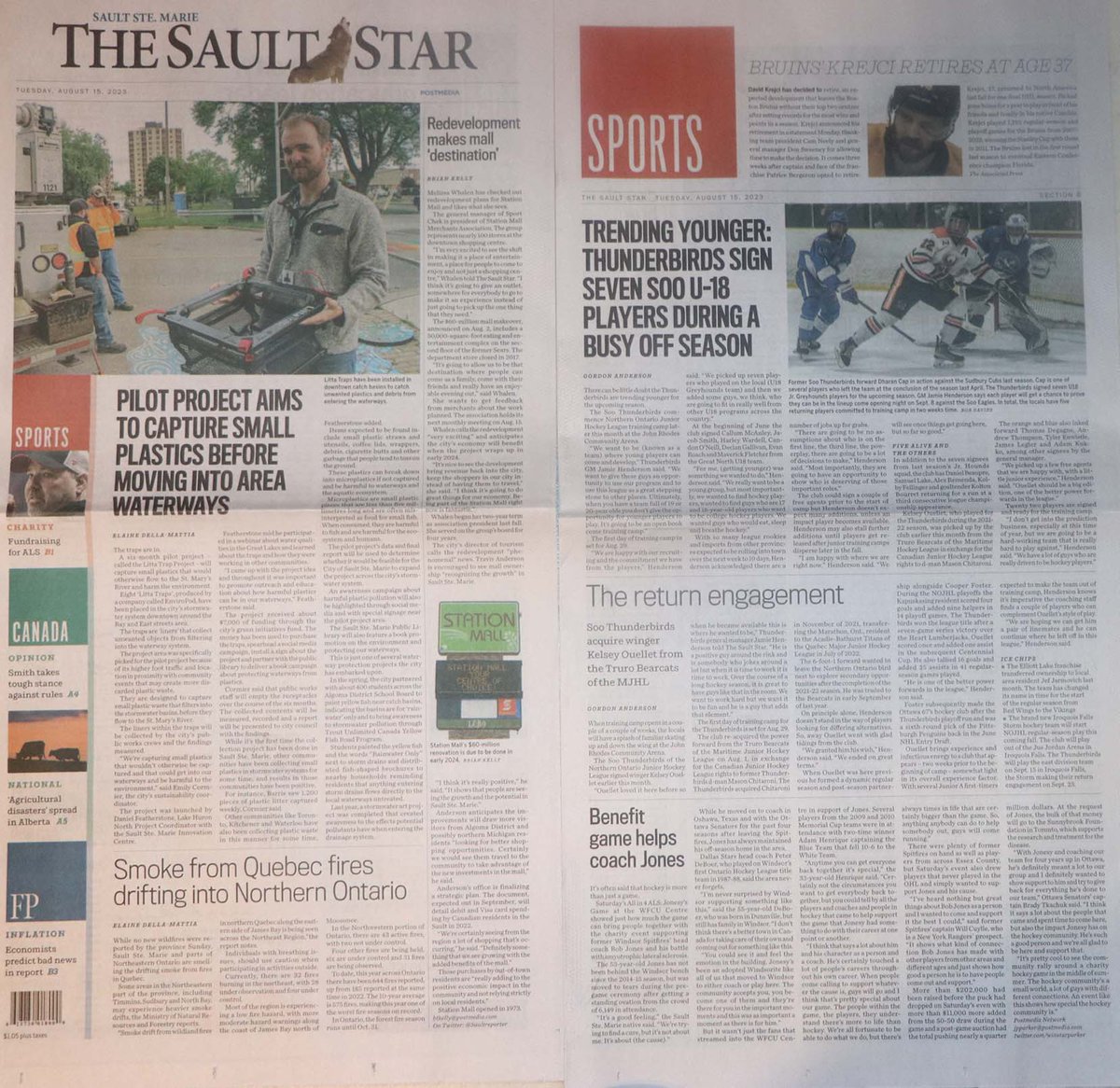 Saultreporter's tweet photo. Keeping plastics out of the water, making Station Mall a 'destination,' Sault airport traffic volume down, blood identifies downtown break-in suspect, Soo Thunderbirds sign new players and more in Tuesday's edition of The Sault Star #saultnews #sault #frontpage #thinkprint https://t.co/KVG7sqECmu