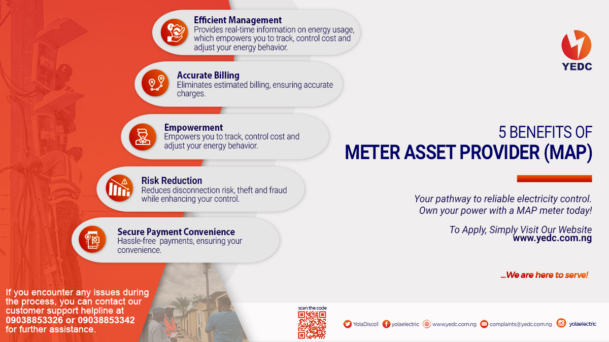 YolaDisco1's tweet photo. Dear Esteemed Customer,
The MAP acquisition is your pathway to reliable electricity control. Own your power consumption with a MAP meter today!
Simply visit: https://t.co/BvgcNUXDxo to enjoy these benefits and more!
#GetMeteredWithMap #Adamawa #Borno #Taraba #Yobe https://t.co/Bj1YSDjFwu