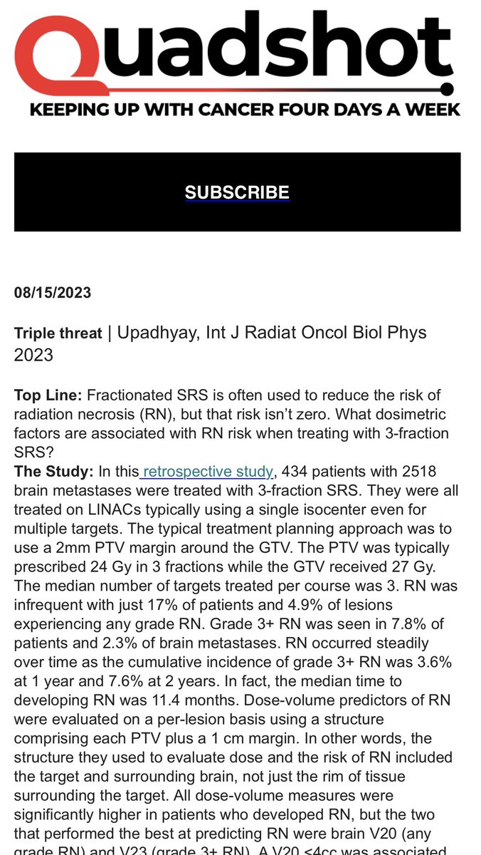 Woke up to this! Thank you @QuadShotNews for featuring us. Really an amazing summary of the paper. Kudos to the writer(s). I’m guessing triple threat is for 3-fraction SRS? May just steal this for our next paper lol.

@joshuapalmermd @DrRajuRaval 

#radonc #brainmets #srs #ntcp