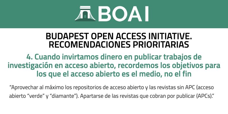Cuarta recomendación prioritaria de la Budapest Open Access Initiative. Documento completo: budapestopenaccessinitiative.org/boai20/boai20-…