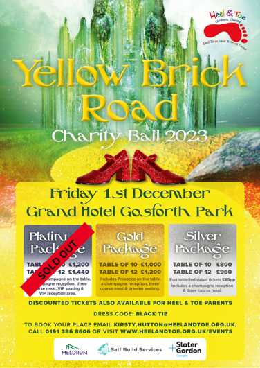 HeelToeCharity's tweet image. Tickets for our Annual Charity Ball are selling fast!
Book now and enjoy our Yellow Brick Road themed night @GrandGosPark heelandtoe.org.uk/events/yellow-… kindly sponsored by; @SlaterGordonUK, Self Build Services &amp;amp; Meldrum Construction 
#NorthEastHour RT
