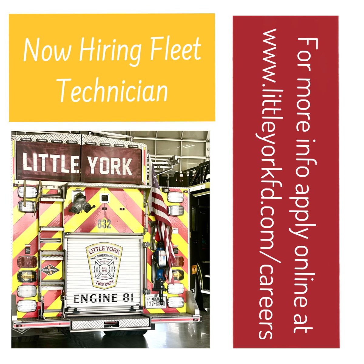 Harris County ESD No. 17 / Little York Fire Department is now hiring a Fleet Technician. $36.06 per hour or $75,000.00 estimated annual salary. For more information and a full list of requirements and benefits apply online at littleyorkfd.com/careers/