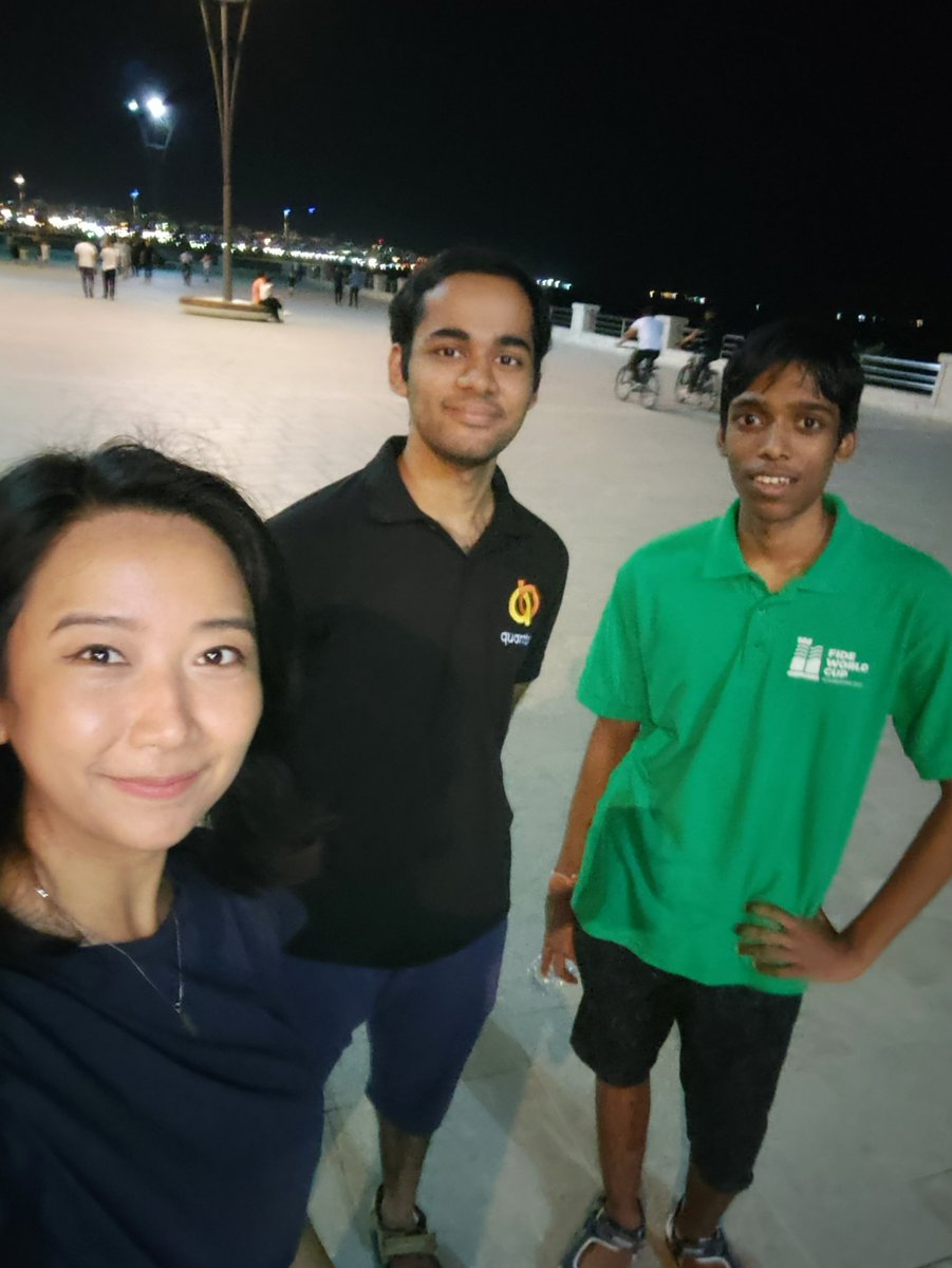 irene_sukandar's tweet photo. And they still walk together after their first game! I asked about their game and Praggu then explained that he allowed Arjun's knight sacrifice on g3 but kinda missed the Qb6 idea after 36.... d3. Both of them were in time trouble so things were tricky. https://t.co/NdzqOEPeM4