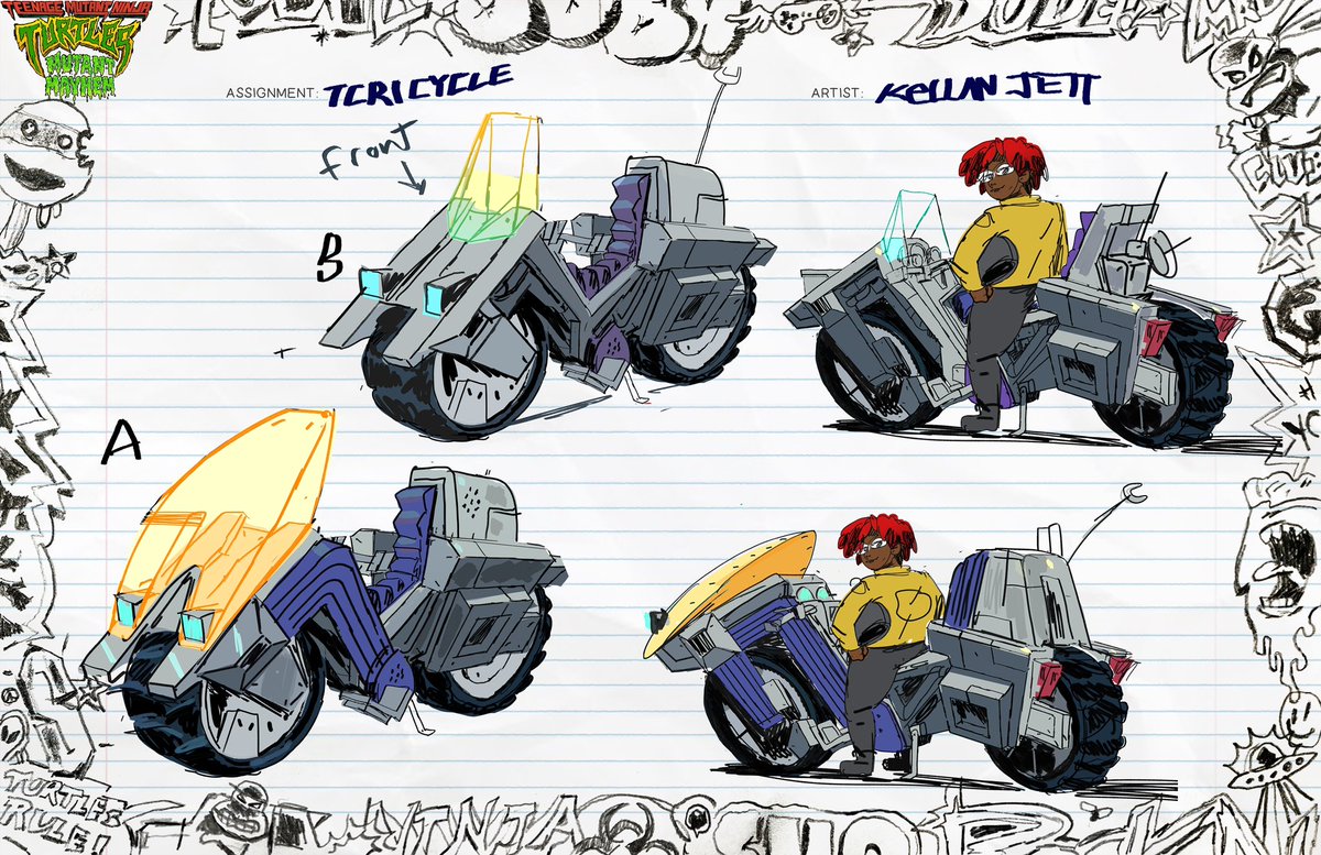 kjettpack's tweet photo. April’s TCRI Motorcycle! Had a fun time finding the line between cool and silly. Enjoyed drawing alt versions of our April. #tcri #MutantMayhem #tmnt https://t.co/AIILxYJfik