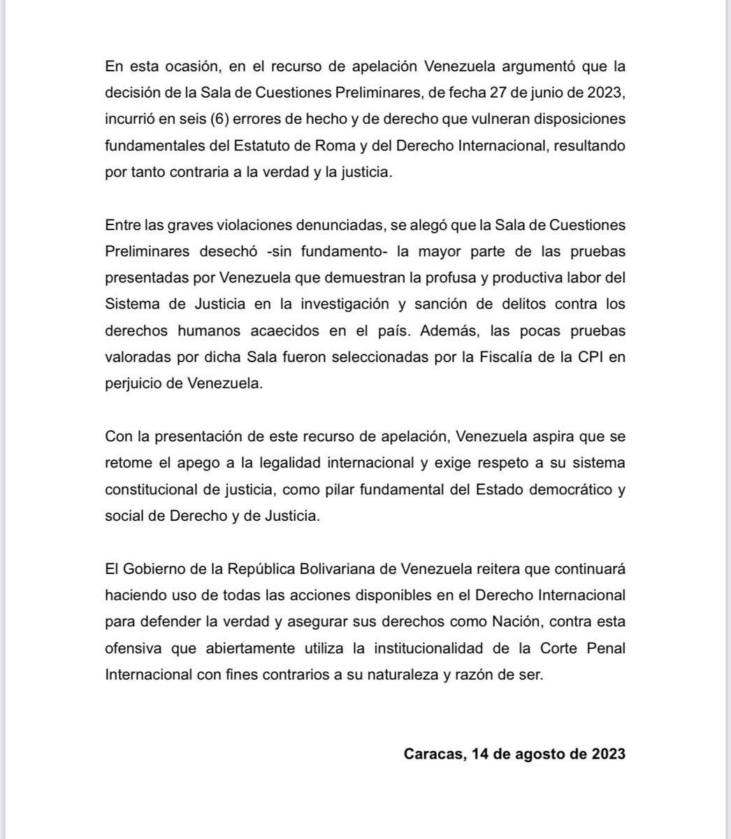 #COMUNICADO 📄 |  El Gobierno Bolivariano de Venezuela presentó ante la Sala de Apelaciones de la CPI los fundamentos de su apelación, contra la decisión que autorizó la reanudación de la investigación en el asunto denominado “Venezuela I”. #InnovarParaCrecer