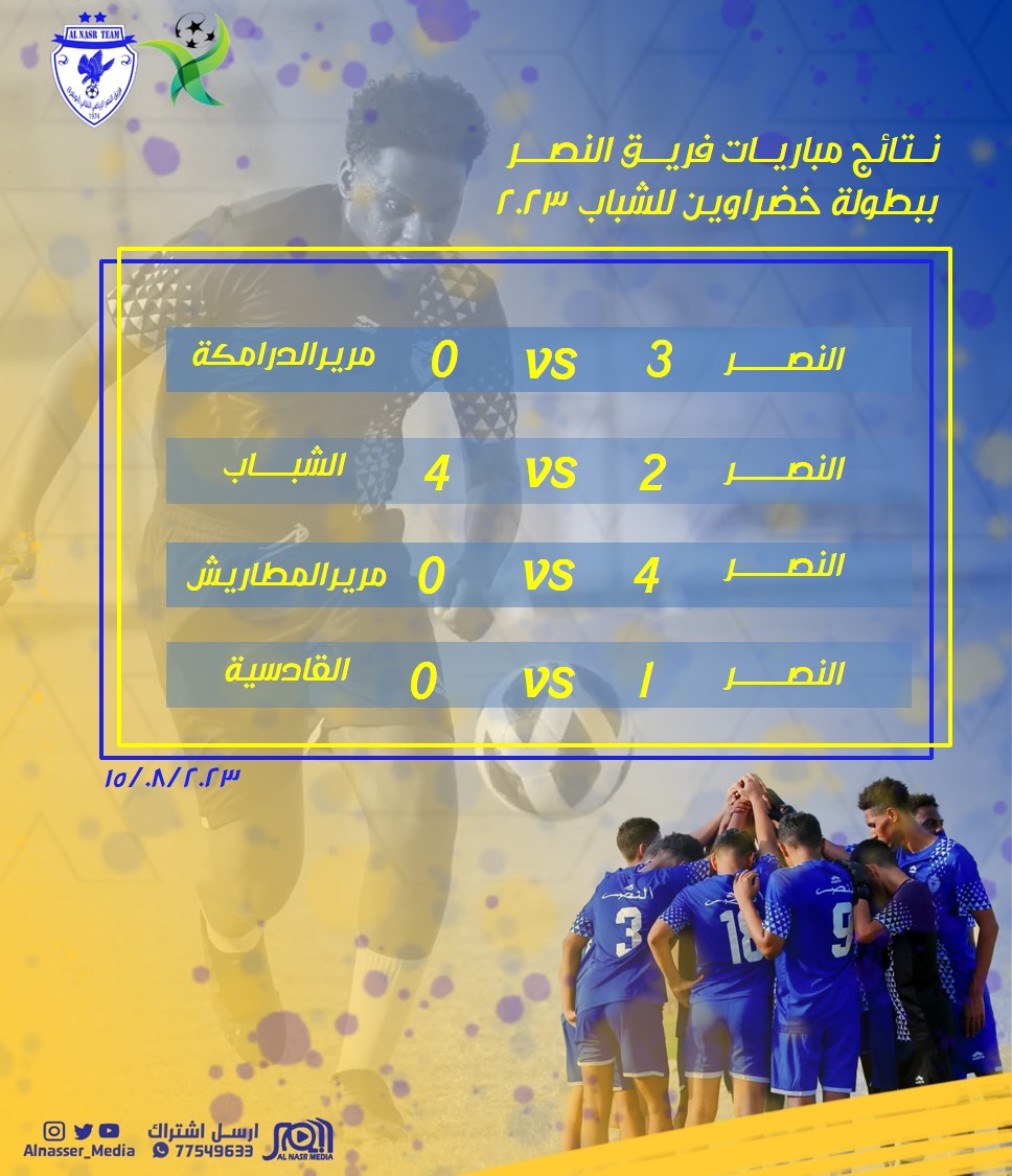 نتائج مباريات  فريق النصر الرياضي في بطولة خضراوين للشباب ٢٠٢٣.. #نصر_شناص #نادي_السلام #النصر_ميديا